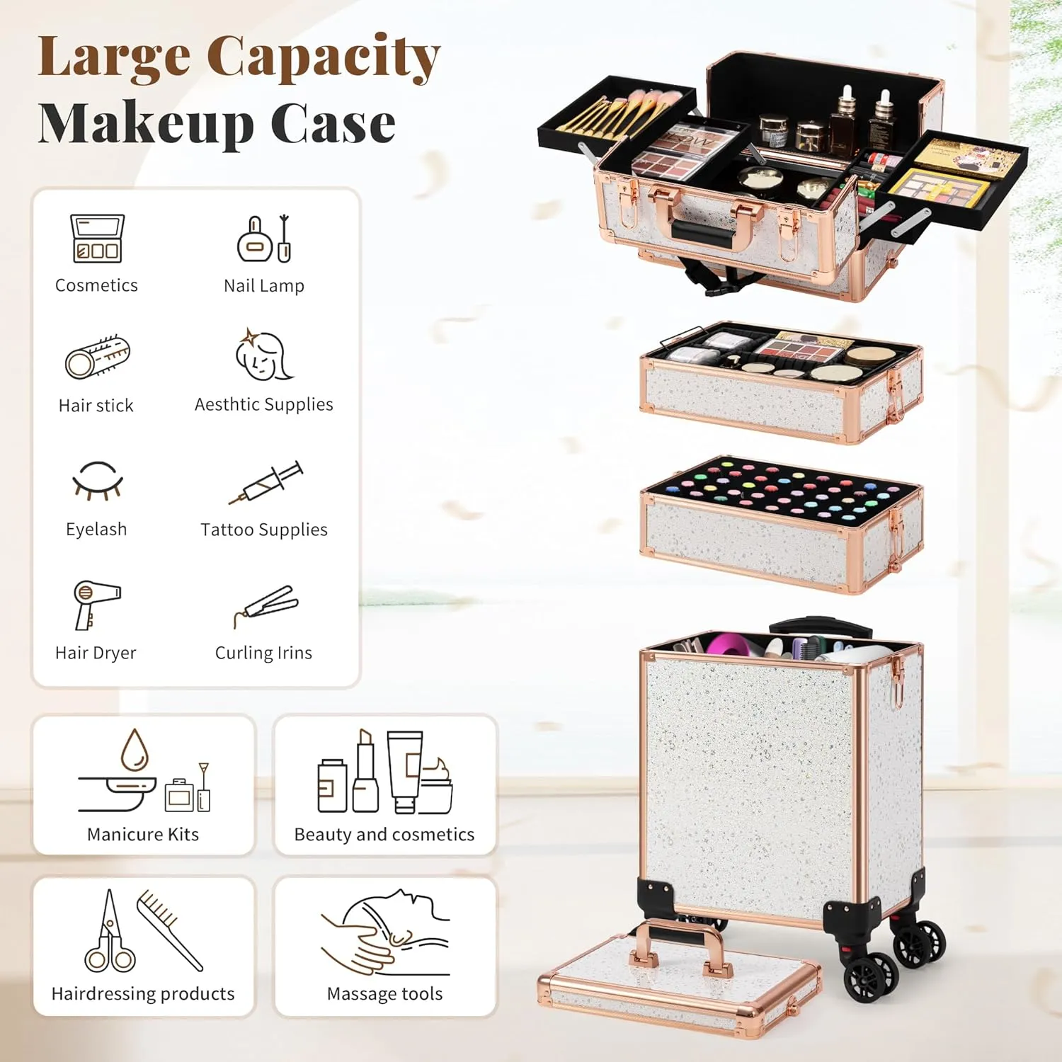 AROUS Rolling Makeup Train Case Large Storage Cosmetic Trolley 5 in 1 Large Capacity Trolley Makeup Travel Case with Key Swivel Wheels Salon Barber Case Traveling Cart Trunk, Black (White)