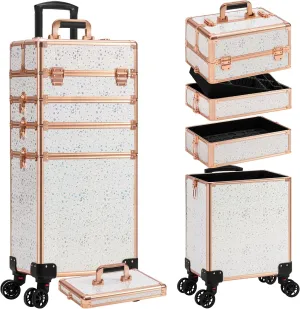 AROUS Rolling Makeup Train Case Large Storage Cosmetic Trolley 5 in 1 Large Capacity Trolley Makeup Travel Case with Key Swivel Wheels Salon Barber Case Traveling Cart Trunk, Black (White)