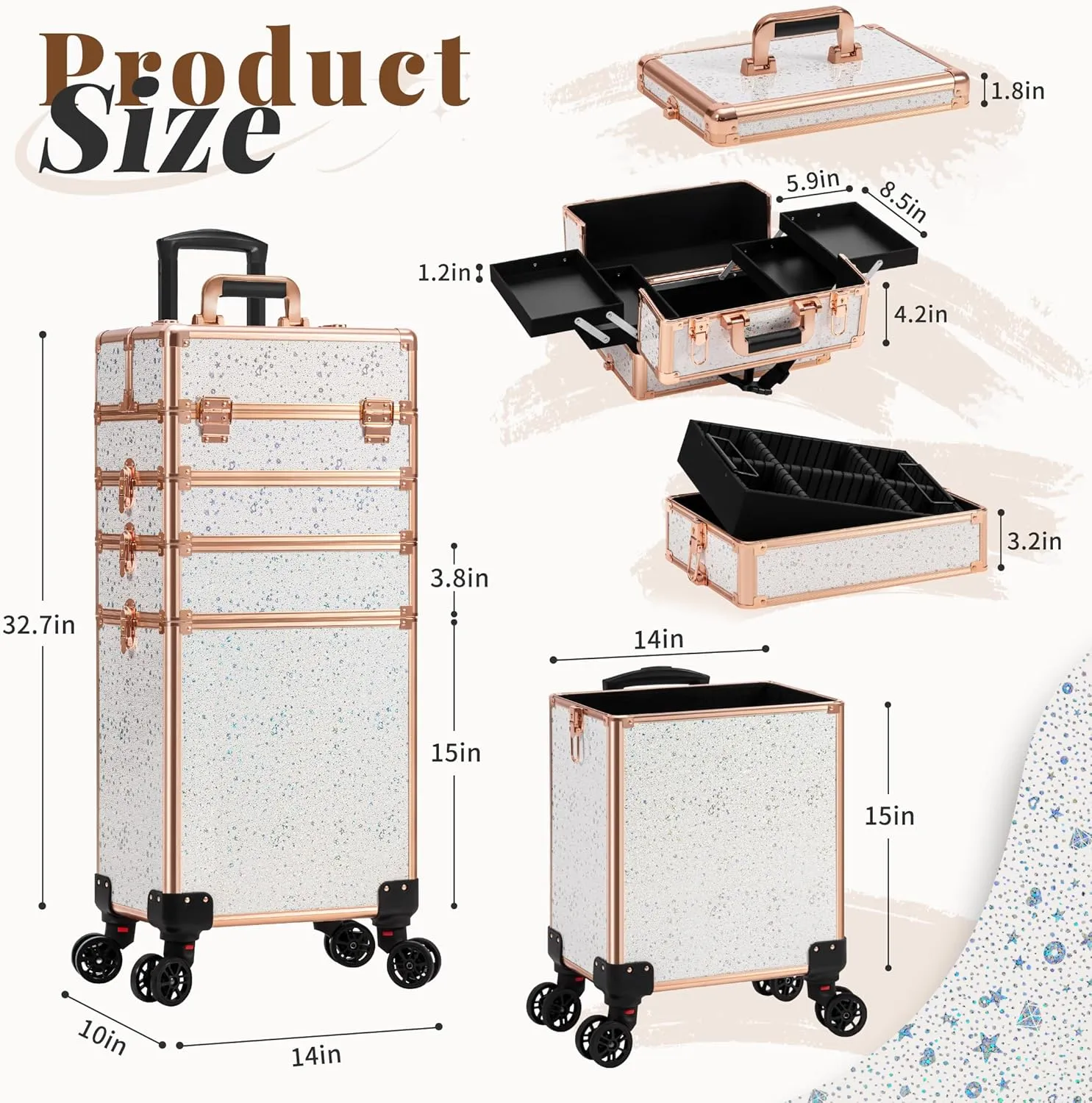 AROUS Rolling Makeup Train Case Large Storage Cosmetic Trolley 5 in 1 Large Capacity Trolley Makeup Travel Case with Key Swivel Wheels Salon Barber Case Traveling Cart Trunk, Black (White)