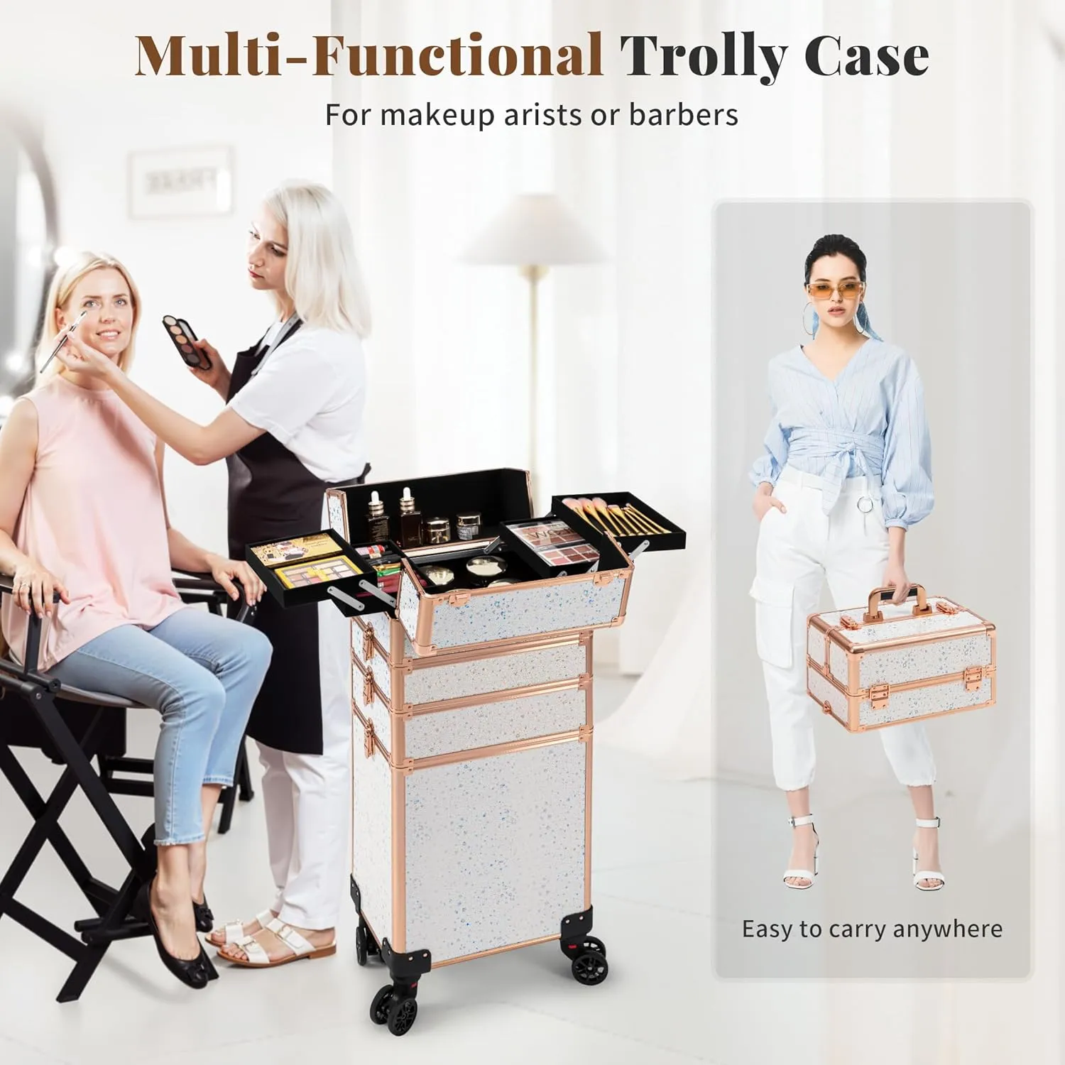 AROUS Rolling Makeup Train Case Large Storage Cosmetic Trolley 5 in 1 Large Capacity Trolley Makeup Travel Case with Key Swivel Wheels Salon Barber Case Traveling Cart Trunk, Black (White)