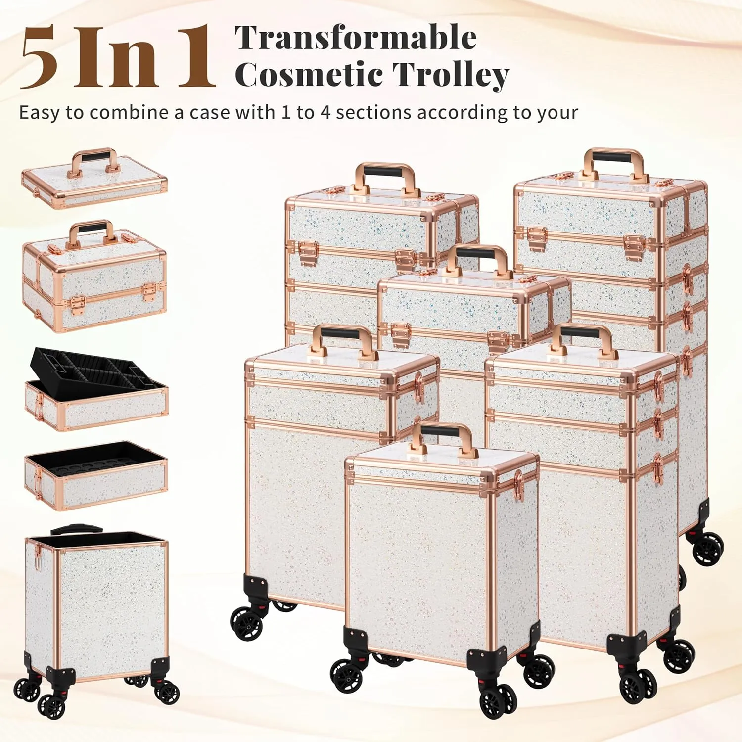 AROUS Rolling Makeup Train Case Large Storage Cosmetic Trolley 5 in 1 Large Capacity Trolley Makeup Travel Case with Key Swivel Wheels Salon Barber Case Traveling Cart Trunk, Black (White)