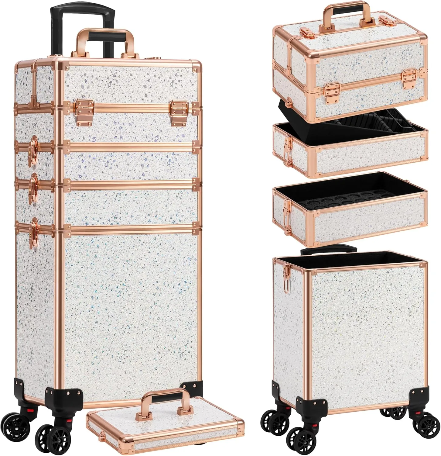 AROUS Rolling Makeup Train Case Large Storage Cosmetic Trolley 5 in 1 Large Capacity Trolley Makeup Travel Case with Key Swivel Wheels Salon Barber Case Traveling Cart Trunk, Black (White)
