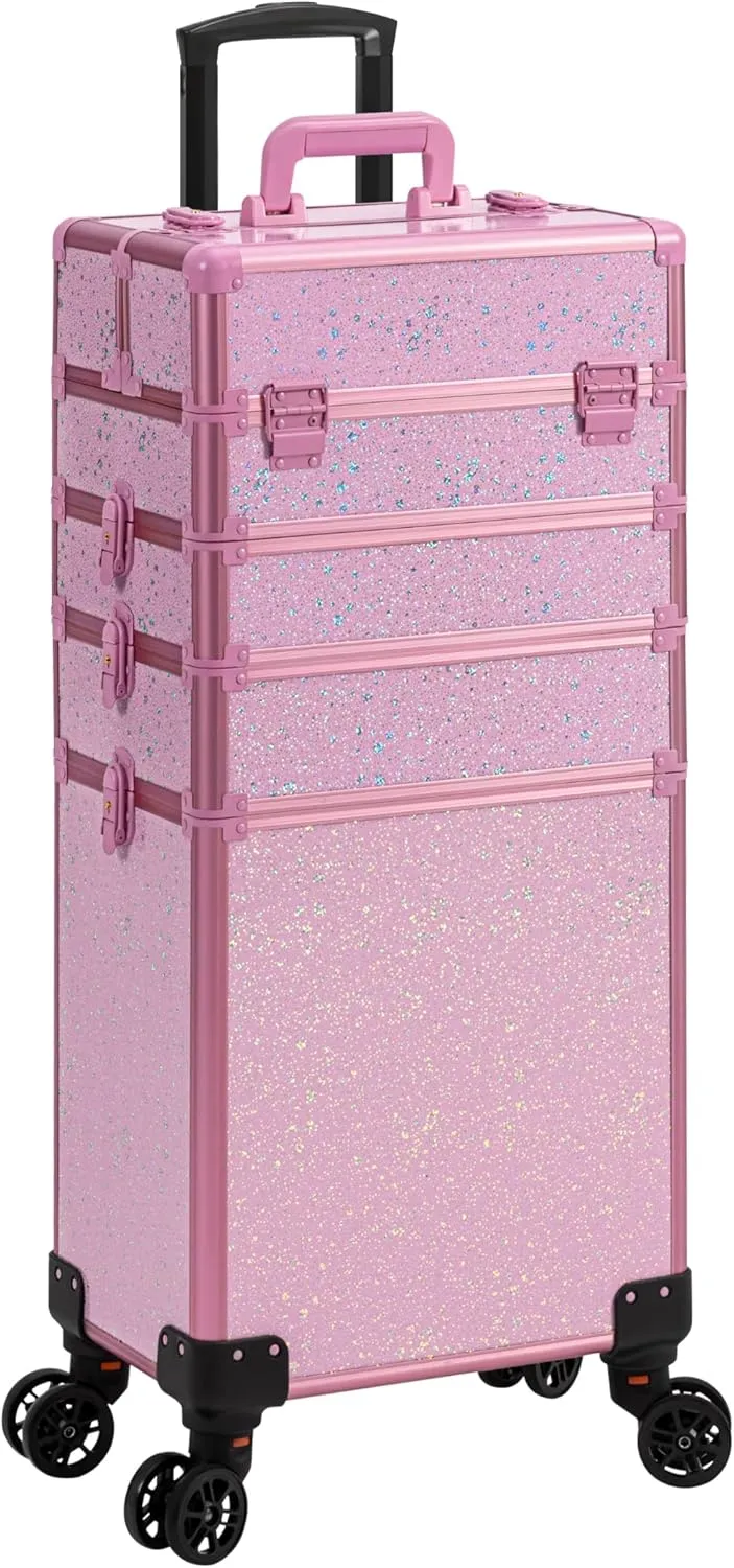 AROUS Rolling Makeup Train Case Large Storage Cosmetic Trolley 5 in 1 Large Capacity Trolley Makeup Travel Case with Key Swivel Wheels Salon Barber Case Traveling Cart Trunk, Pink