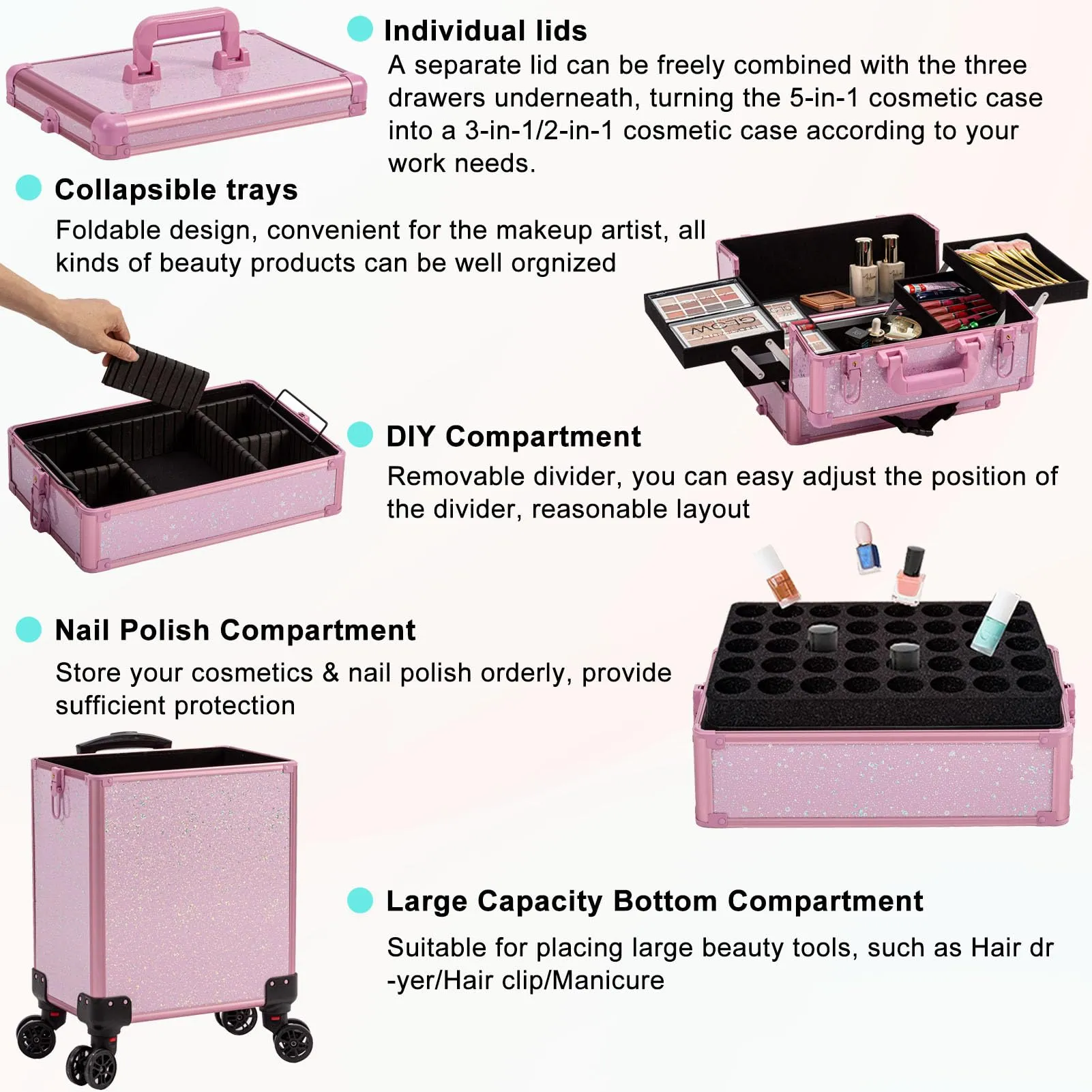 AROUS Rolling Makeup Train Case Large Storage Cosmetic Trolley 5 in 1 Large Capacity Trolley Makeup Travel Case with Key Swivel Wheels Salon Barber Case Traveling Cart Trunk, Pink
