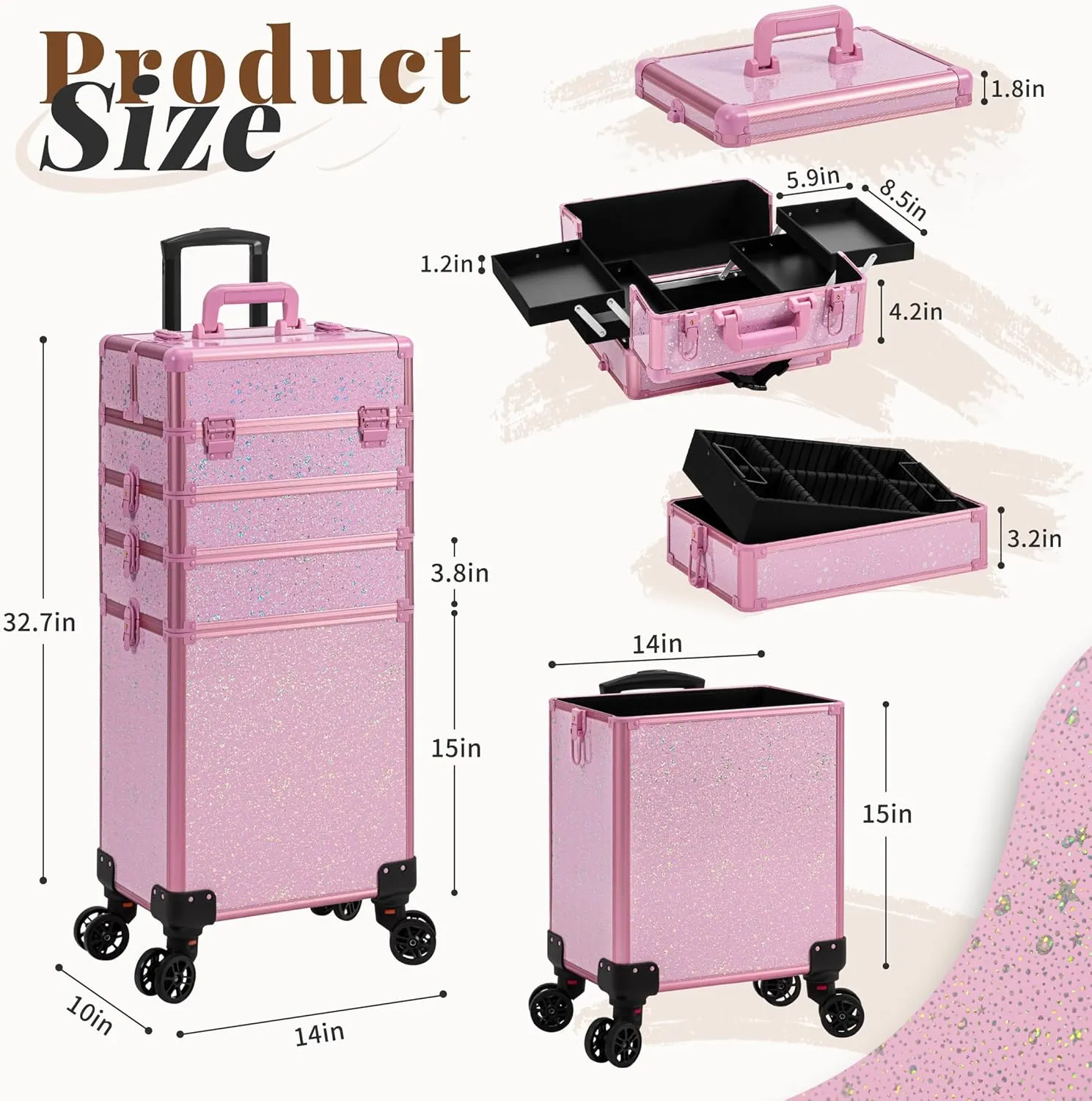 AROUS Rolling Makeup Train Case Large Storage Cosmetic Trolley 5 in 1 Large Capacity Trolley Makeup Travel Case with Key Swivel Wheels Salon Barber Case Traveling Cart Trunk, Pink