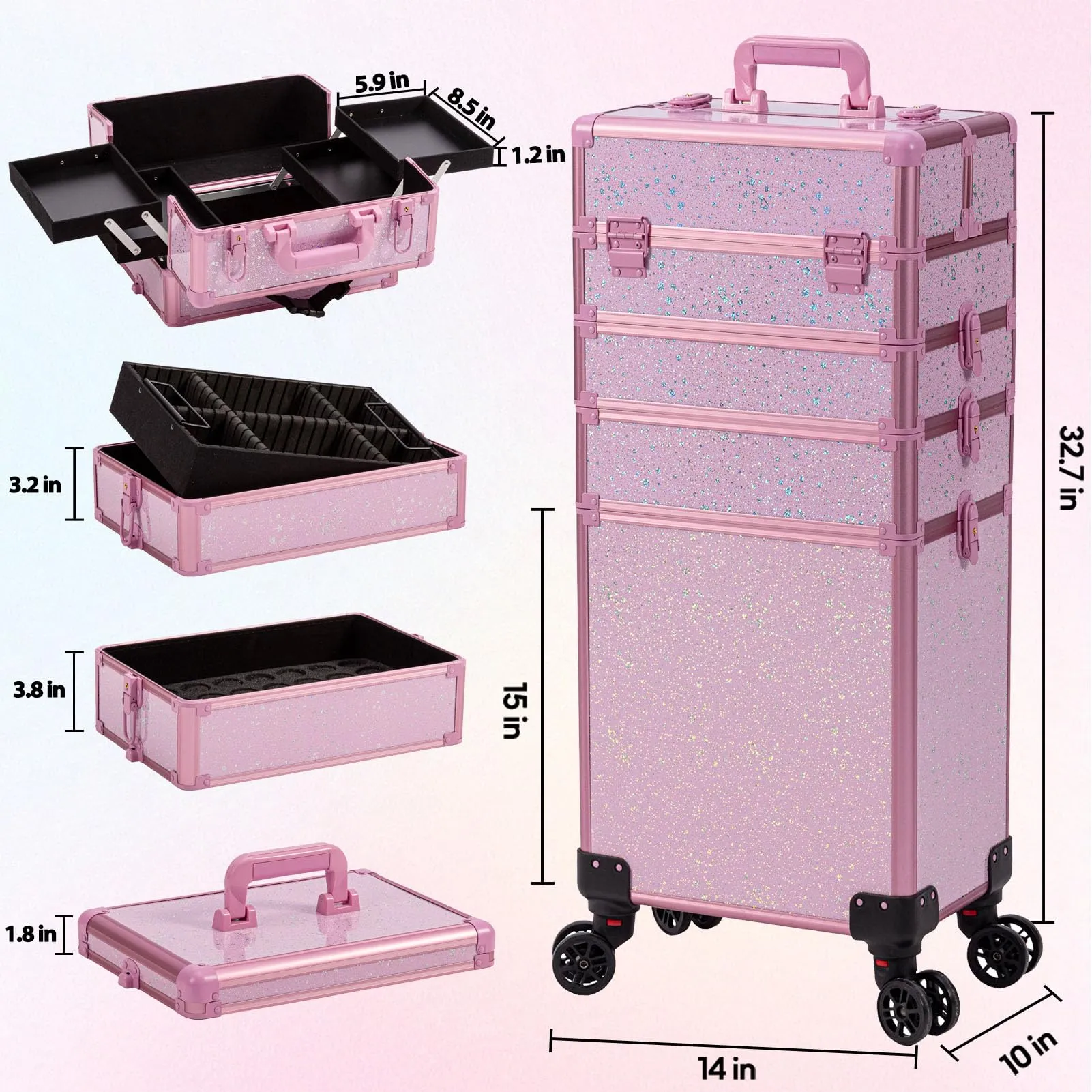 AROUS Rolling Makeup Train Case Large Storage Cosmetic Trolley 5 in 1 Large Capacity Trolley Makeup Travel Case with Key Swivel Wheels Salon Barber Case Traveling Cart Trunk, Pink