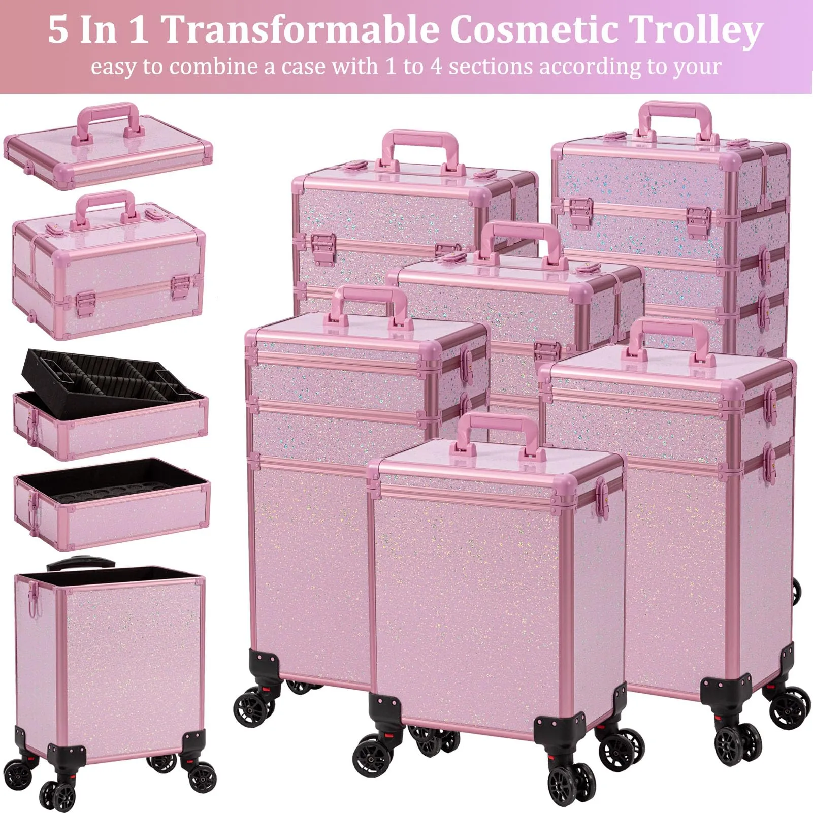 AROUS Rolling Makeup Train Case Large Storage Cosmetic Trolley 5 in 1 Large Capacity Trolley Makeup Travel Case with Key Swivel Wheels Salon Barber Case Traveling Cart Trunk, Pink