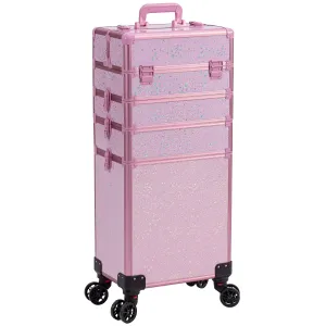 AROUS Rolling Makeup Train Case Large Storage Cosmetic Trolley 5 in 1 Large Capacity Trolley Makeup Travel Case with Key Swivel Wheels Salon Barber Case Traveling Cart Trunk, Pink