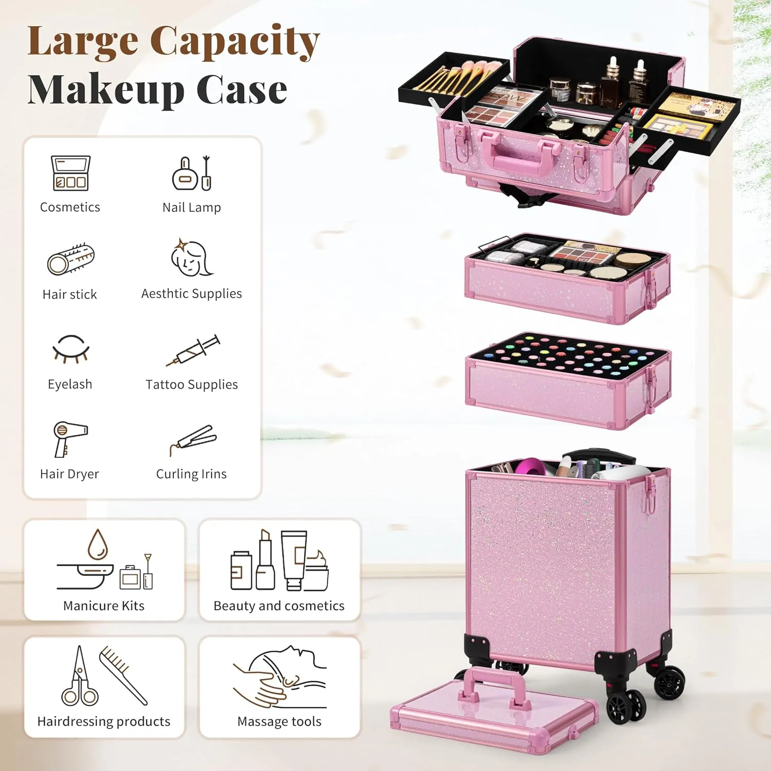 AROUS Rolling Makeup Train Case Large Storage Cosmetic Trolley 5 in 1 Large Capacity Trolley Makeup Travel Case with Key Swivel Wheels Salon Barber Case Traveling Cart Trunk, Pink