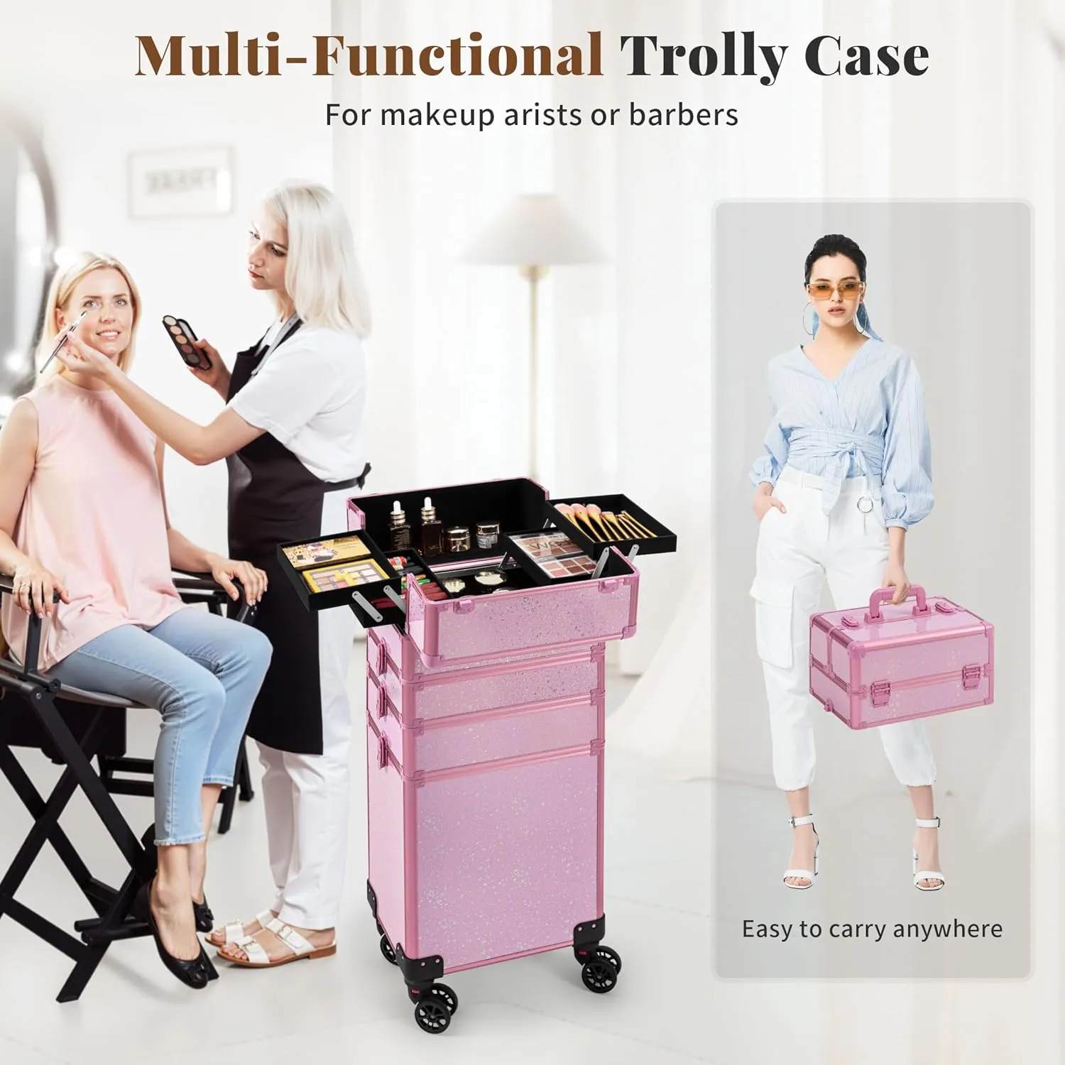 AROUS Rolling Makeup Train Case Large Storage Cosmetic Trolley 5 in 1 Large Capacity Trolley Makeup Travel Case with Key Swivel Wheels Salon Barber Case Traveling Cart Trunk, Pink