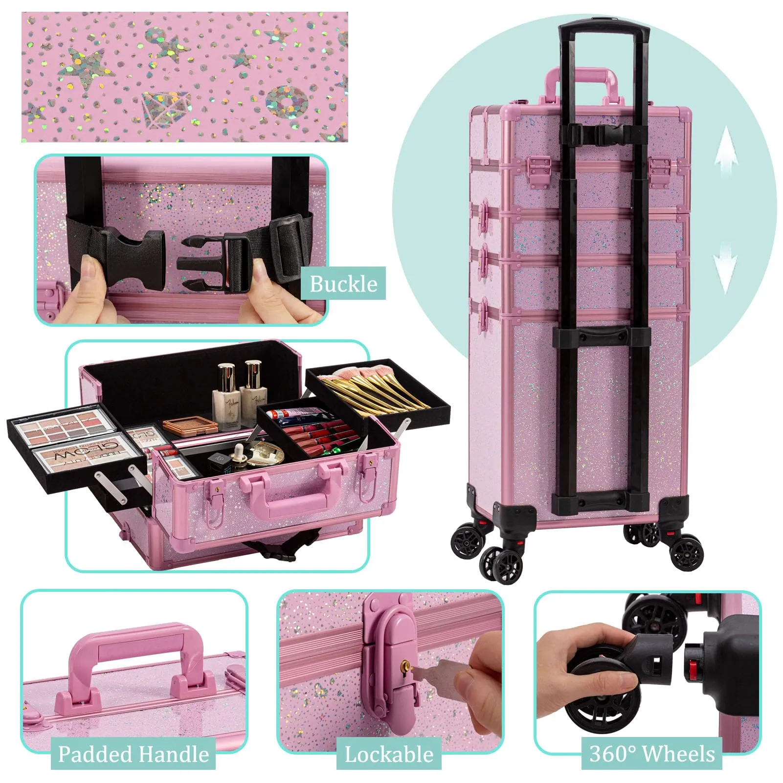 AROUS Rolling Makeup Train Case Large Storage Cosmetic Trolley 5 in 1 Large Capacity Trolley Makeup Travel Case with Key Swivel Wheels Salon Barber Case Traveling Cart Trunk, Pink