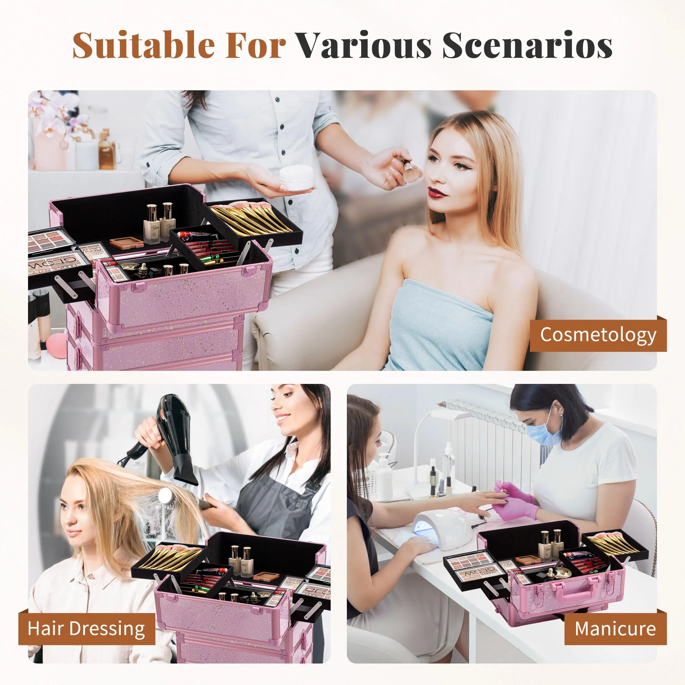 AROUS Rolling Makeup Train Case Large Storage Cosmetic Trolley 5 in 1 Large Capacity Trolley Makeup Travel Case with Key Swivel Wheels Salon Barber Case Traveling Cart Trunk, Pink
