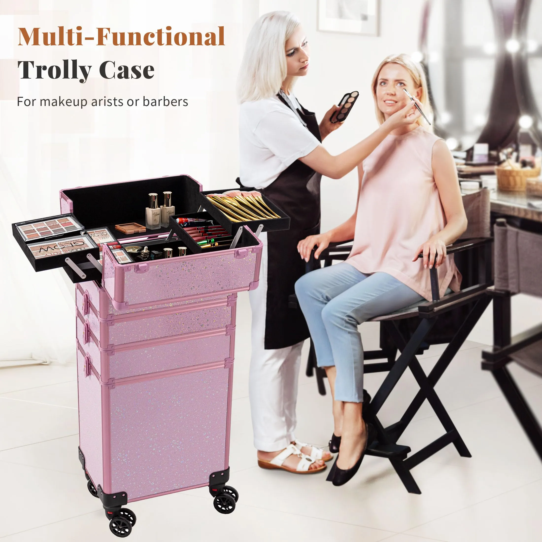 AROUS Rolling Makeup Train Case Large Storage Cosmetic Trolley 5 in 1 Large Capacity Trolley Makeup Travel Case with Key Swivel Wheels Salon Barber Case Traveling Cart Trunk, Pink