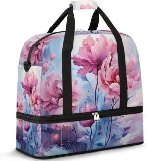 Artistic Painted Flowers Travel Duffel Bag for Women Men Weekender Overnight Bag with Shoe Compartment Foldable Sports Gym Luggage Bag