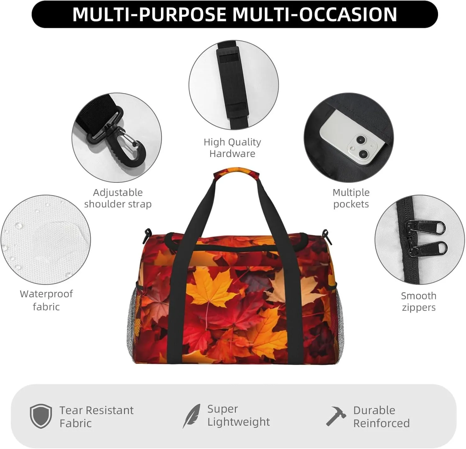 Autumn Maple Leaves Big Capacity Sports Gym Bag Portable Travel Duffle Bag, Fall Lightweight Weekender Workout Bag for Overnight, Unisex