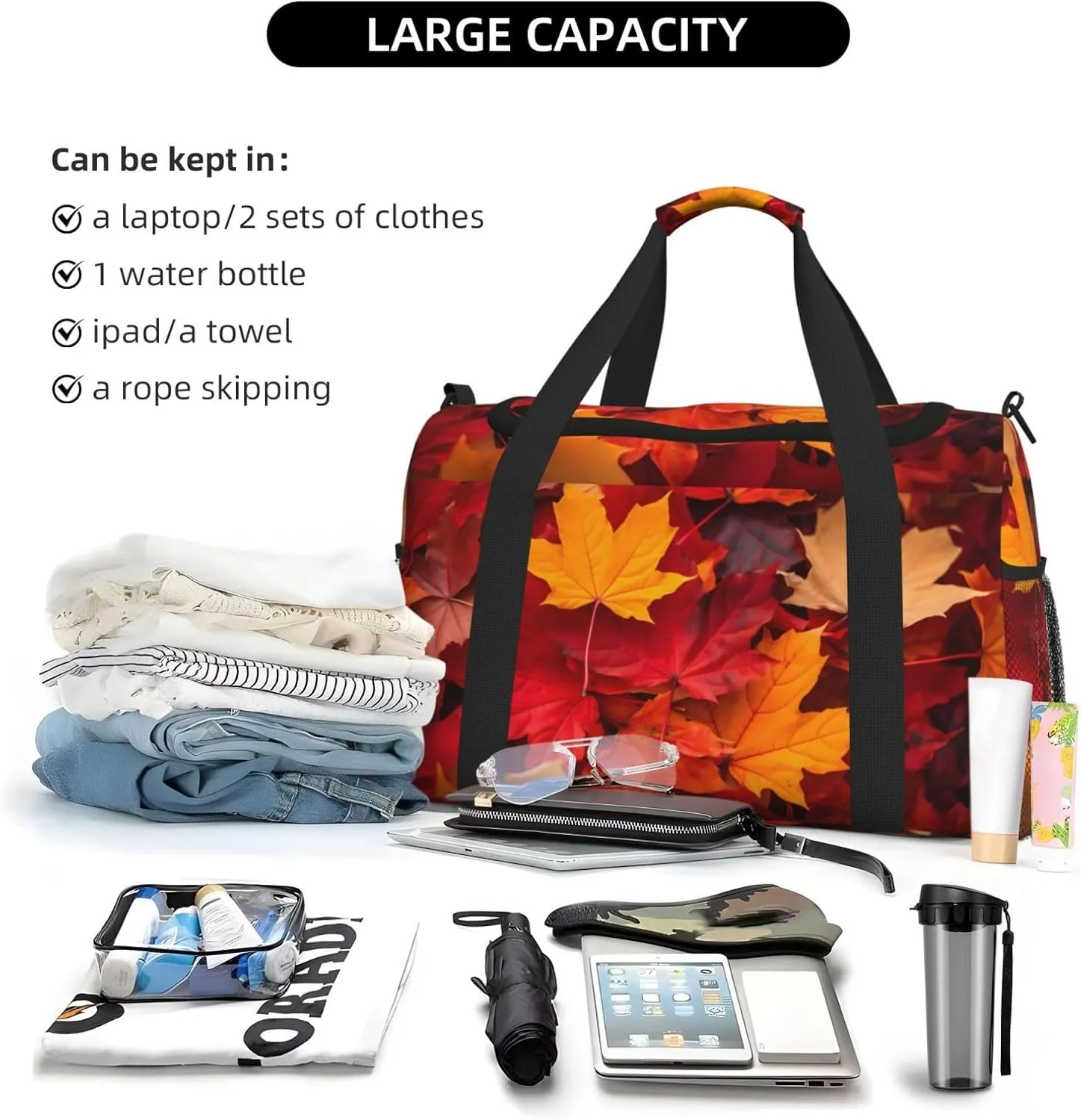 Autumn Maple Leaves Big Capacity Sports Gym Bag Portable Travel Duffle Bag, Fall Lightweight Weekender Workout Bag for Overnight, Unisex
