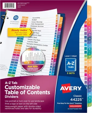 Avery A-Z Tab Dividers for 3 Ring Binders, Page Dividers, Binder Organizer, Customizable Table of Contents, Multicolor, 3 Sets (44225)