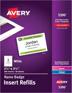 Avery Customizable Name Badge Inserts, 2.25" x 3.5", White, 400 Printable Name Tag Inserts (5390)