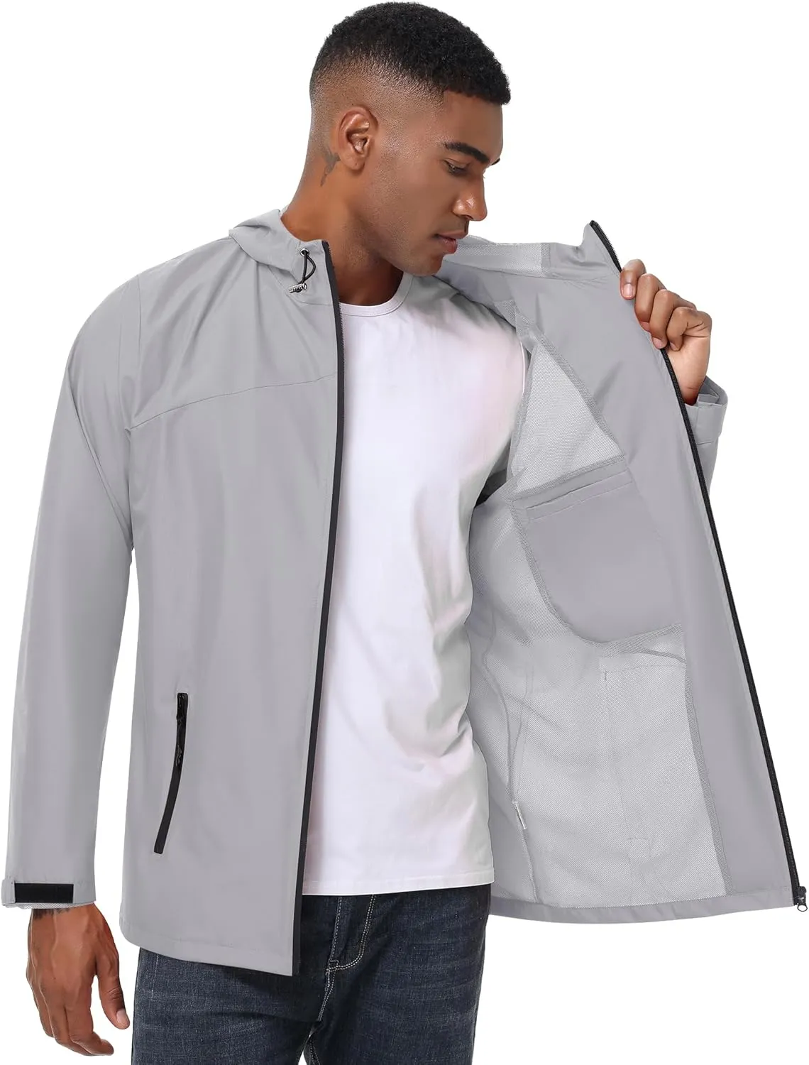 Avoogue Mens Waterproof Lightweight Rain Jacket Breathable Active Outdoor Hooded Raincoat Casual Trendy Jackets Work Jacket