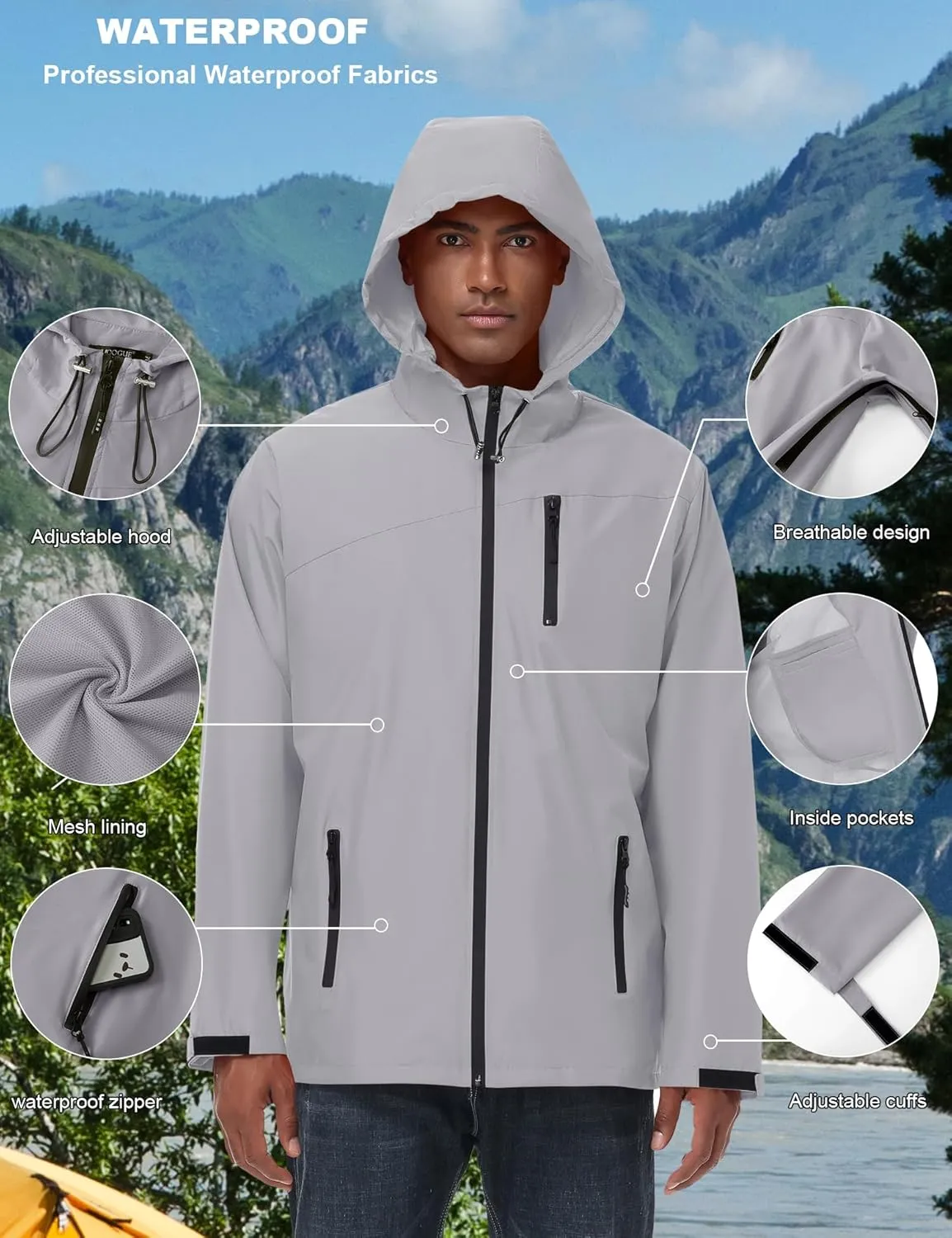 Avoogue Mens Waterproof Lightweight Rain Jacket Breathable Active Outdoor Hooded Raincoat Casual Trendy Jackets Work Jacket