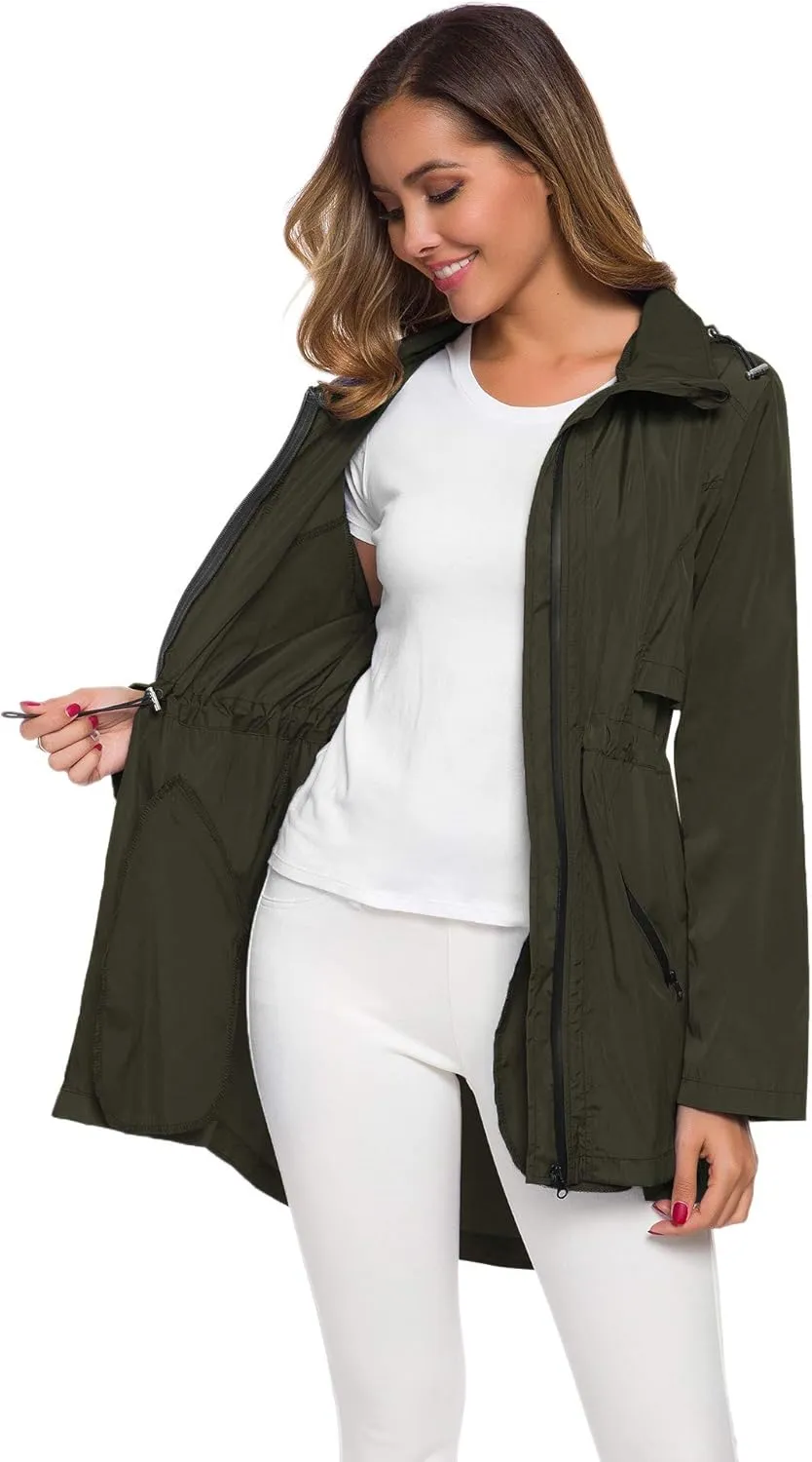 Avoogue Women's Long Raincoat with Hood Outdoor Lightweight Windbreaker Rain Jacket Waterproof