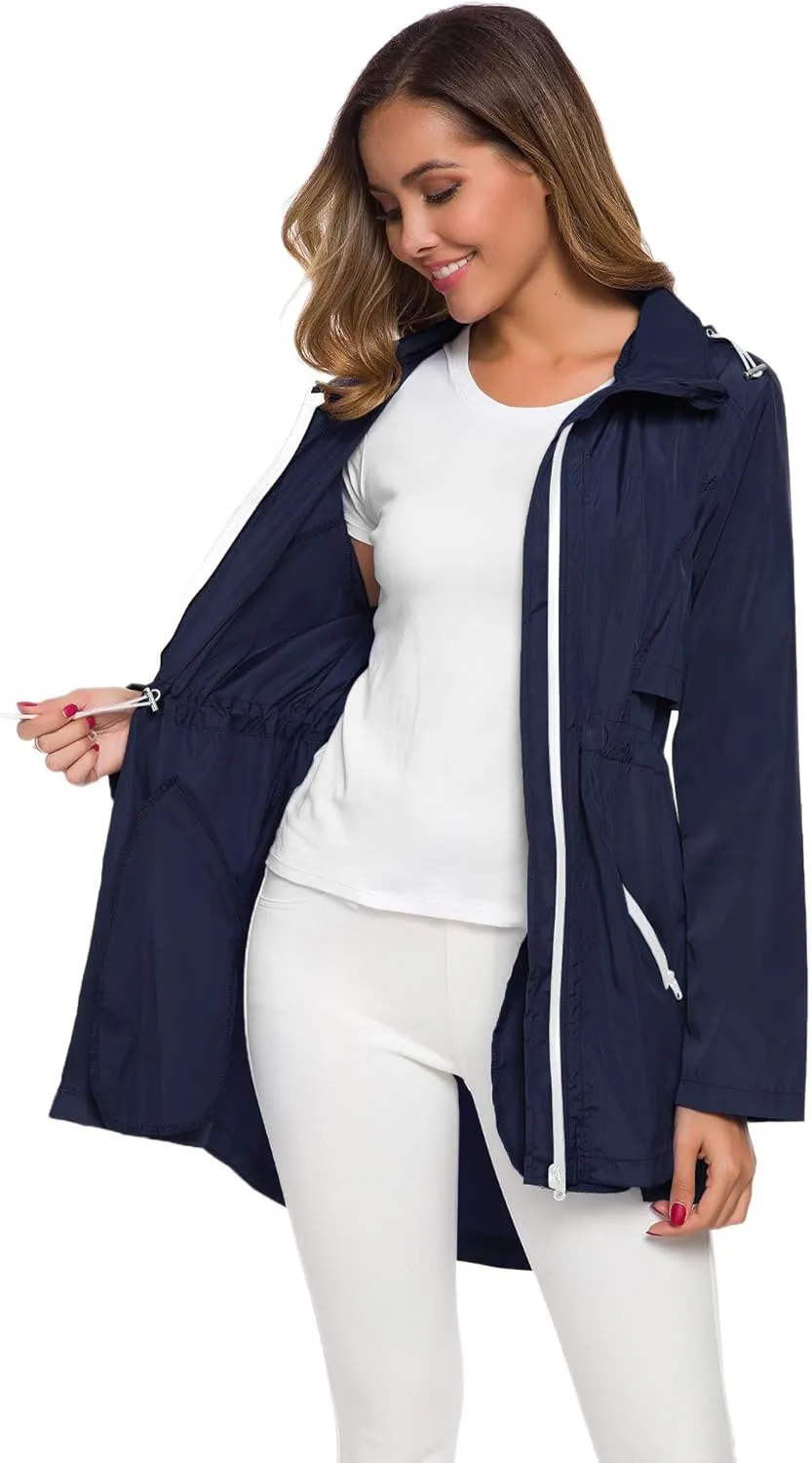 Avoogue Women's Long Raincoat with Hood Outdoor Lightweight Windbreaker Rain Jacket Waterproof