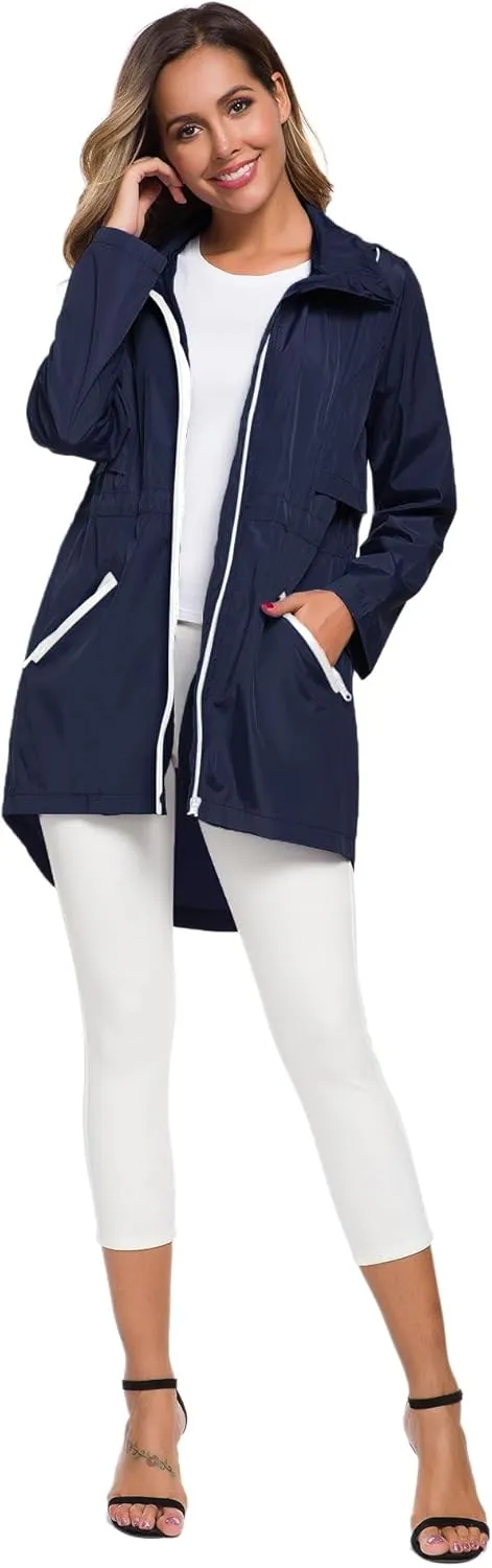 Avoogue Women's Long Raincoat with Hood Outdoor Lightweight Windbreaker Rain Jacket Waterproof