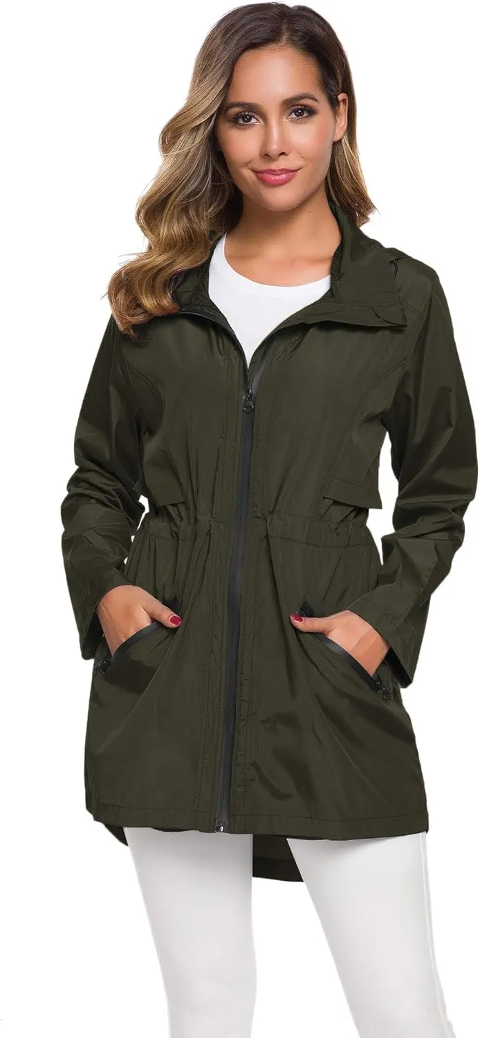 Avoogue Women's Long Raincoat with Hood Outdoor Lightweight Windbreaker Rain Jacket Waterproof