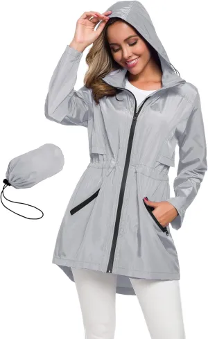 Avoogue Women's Long Raincoat with Hood Outdoor Lightweight Windbreaker Rain Jacket Waterproof
