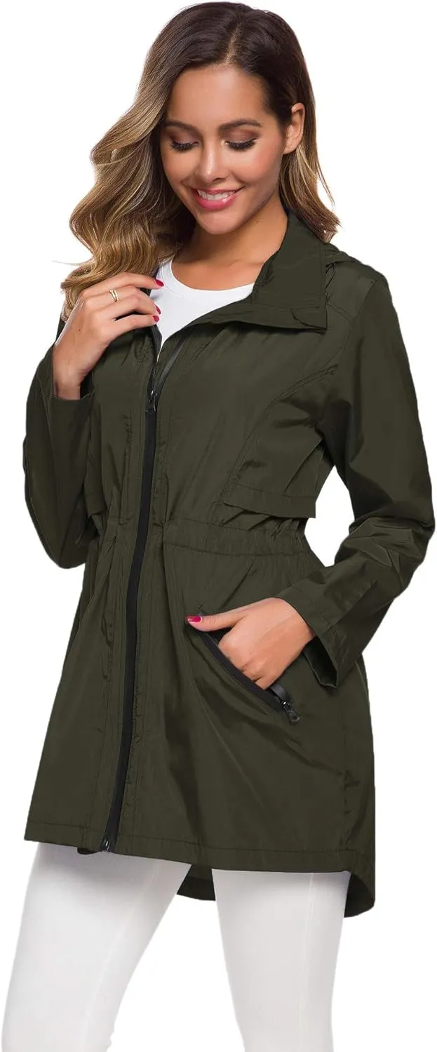 Avoogue Women's Long Raincoat with Hood Outdoor Lightweight Windbreaker Rain Jacket Waterproof