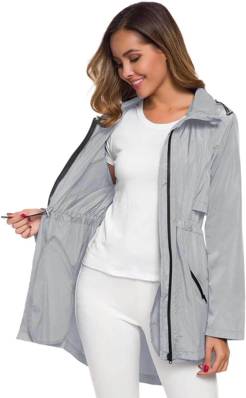 Avoogue Women's Long Raincoat with Hood Outdoor Lightweight Windbreaker Rain Jacket Waterproof