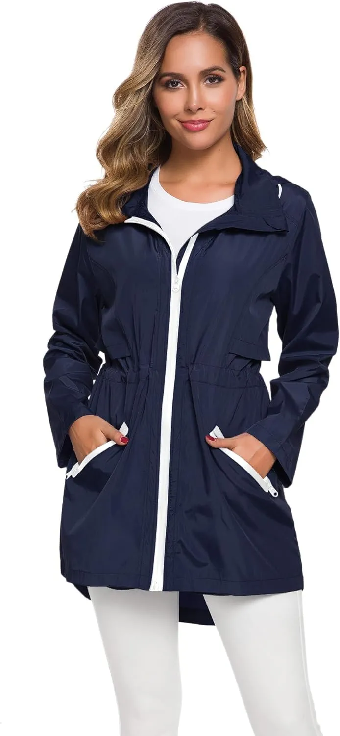 Avoogue Women's Long Raincoat with Hood Outdoor Lightweight Windbreaker Rain Jacket Waterproof