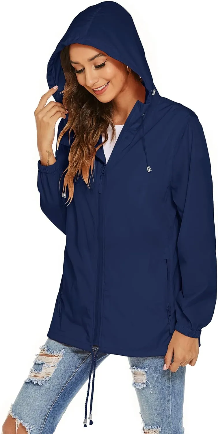 Avoogue Womens Waterproof Raincoat Lightweight Breathable Rain Jacket Hooded Rain Coat Outdoor Active Windbreaker with Pocket
