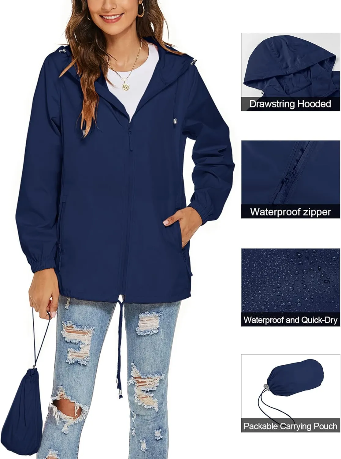 Avoogue Womens Waterproof Raincoat Lightweight Breathable Rain Jacket Hooded Rain Coat Outdoor Active Windbreaker with Pocket