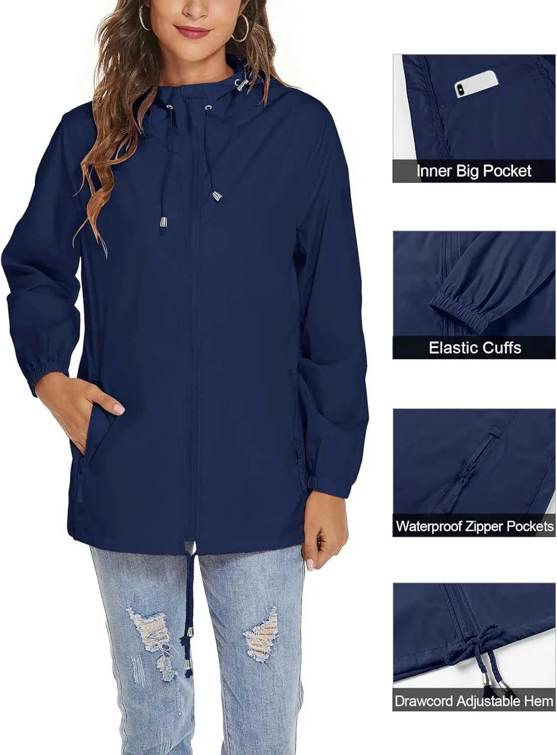 Avoogue Womens Waterproof Raincoat Lightweight Breathable Rain Jacket Hooded Rain Coat Outdoor Active Windbreaker with Pocket