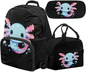 Axolotl 3PCS School Backpack Bundle 17in Girls Bookbag with Insulated Grease-Proof Lunch Box   High-Capacity Pen Organizer Zippers & Portable Travel Bag