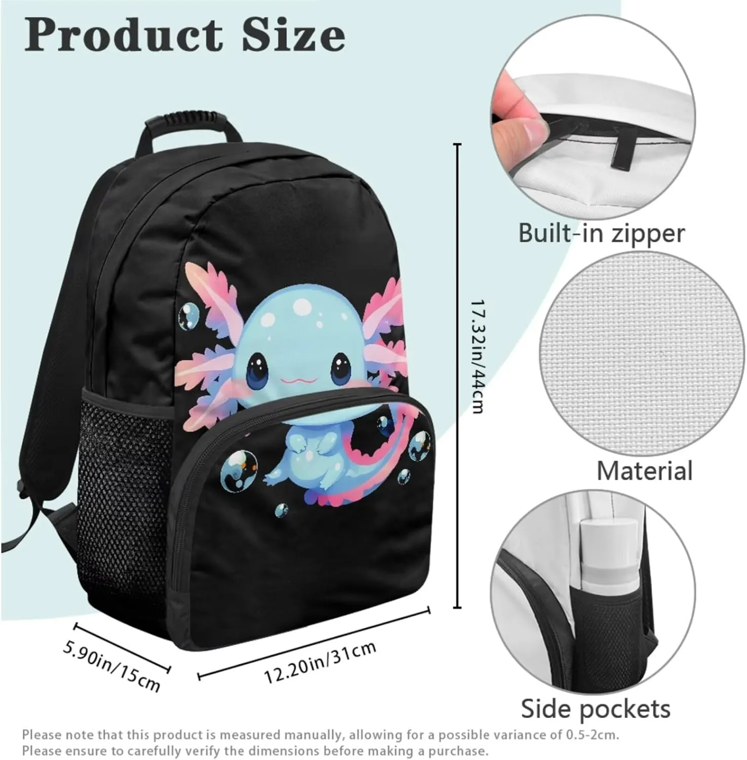 Axolotl 3PCS School Backpack Bundle 17in Girls Bookbag with Insulated Grease-Proof Lunch Box   High-Capacity Pen Organizer Zippers & Portable Travel Bag