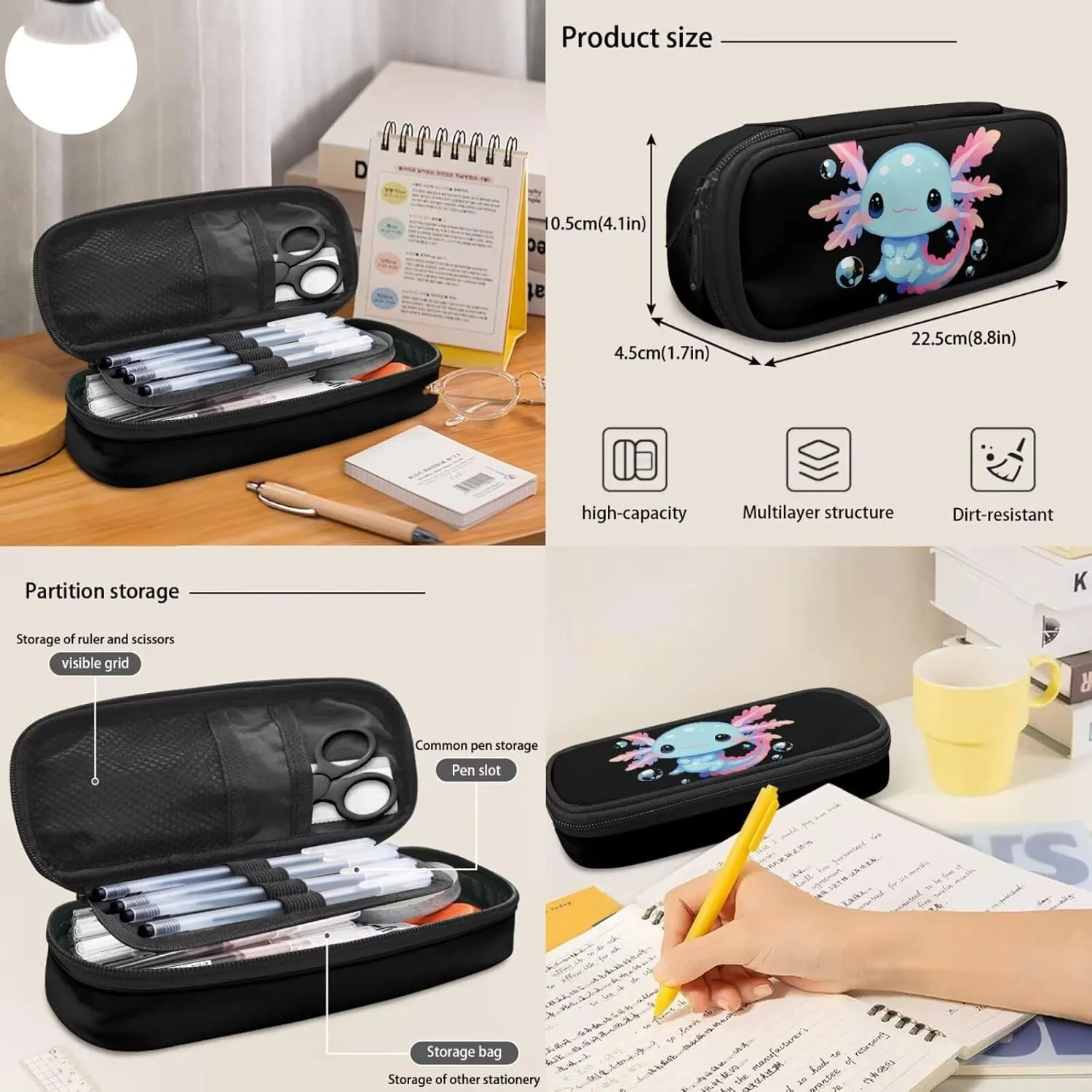 Axolotl 3PCS School Backpack Bundle 17in Girls Bookbag with Insulated Grease-Proof Lunch Box   High-Capacity Pen Organizer Zippers & Portable Travel Bag