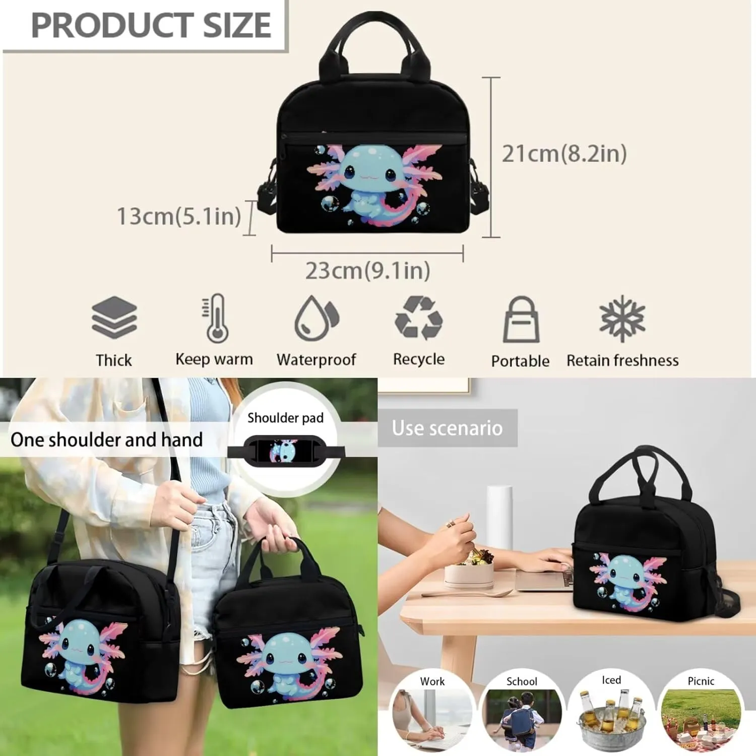 Axolotl 3PCS School Backpack Bundle 17in Girls Bookbag with Insulated Grease-Proof Lunch Box   High-Capacity Pen Organizer Zippers & Portable Travel Bag