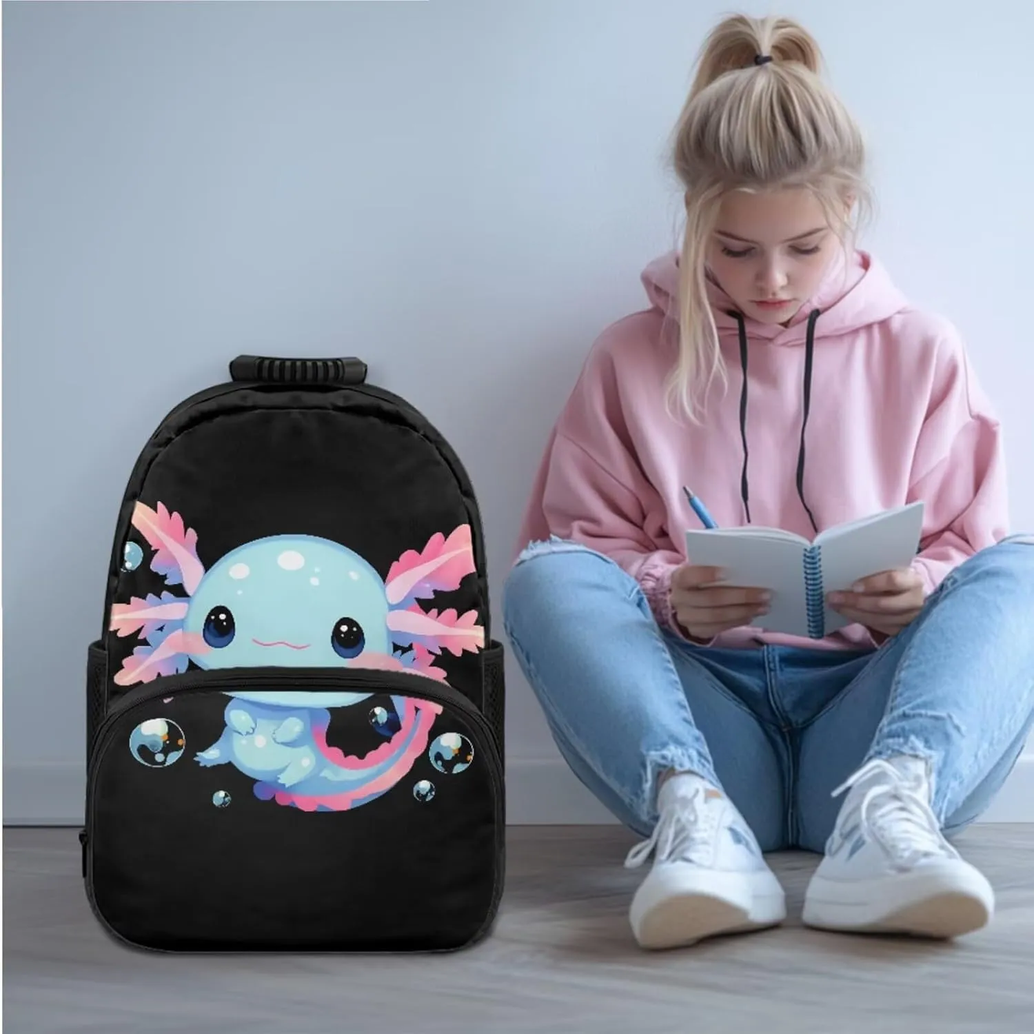 Axolotl 3PCS School Backpack Bundle 17in Girls Bookbag with Insulated Grease-Proof Lunch Box   High-Capacity Pen Organizer Zippers & Portable Travel Bag
