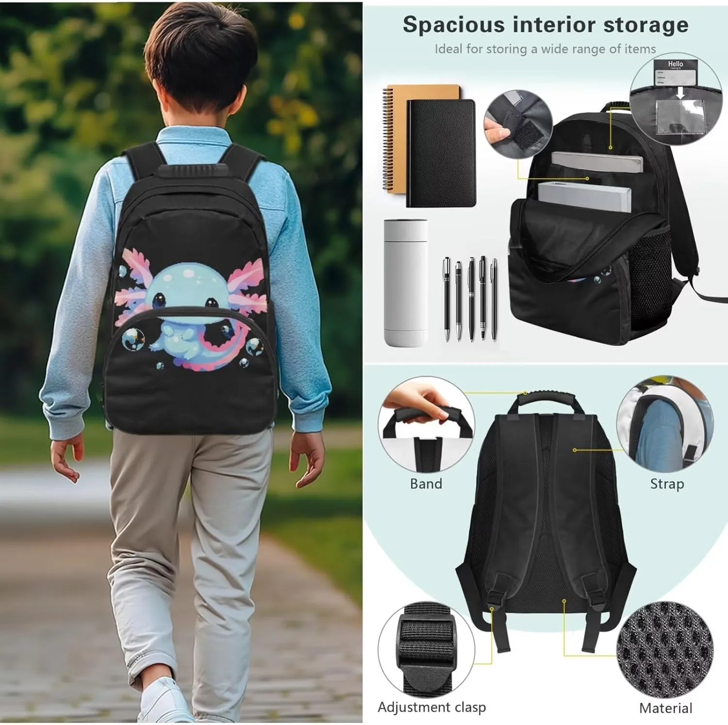 Axolotl 3PCS School Backpack Bundle 17in Girls Bookbag with Insulated Grease-Proof Lunch Box   High-Capacity Pen Organizer Zippers & Portable Travel Bag
