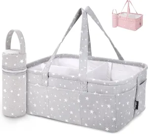 Baby Diaper Caddy Organizer - Baby Shower Basket | Large Nursery Storage Bin for Changing Table | Car Travel Tote Bag | Newborn Registry Must Have | Bonus Bottle Cooler | Gray