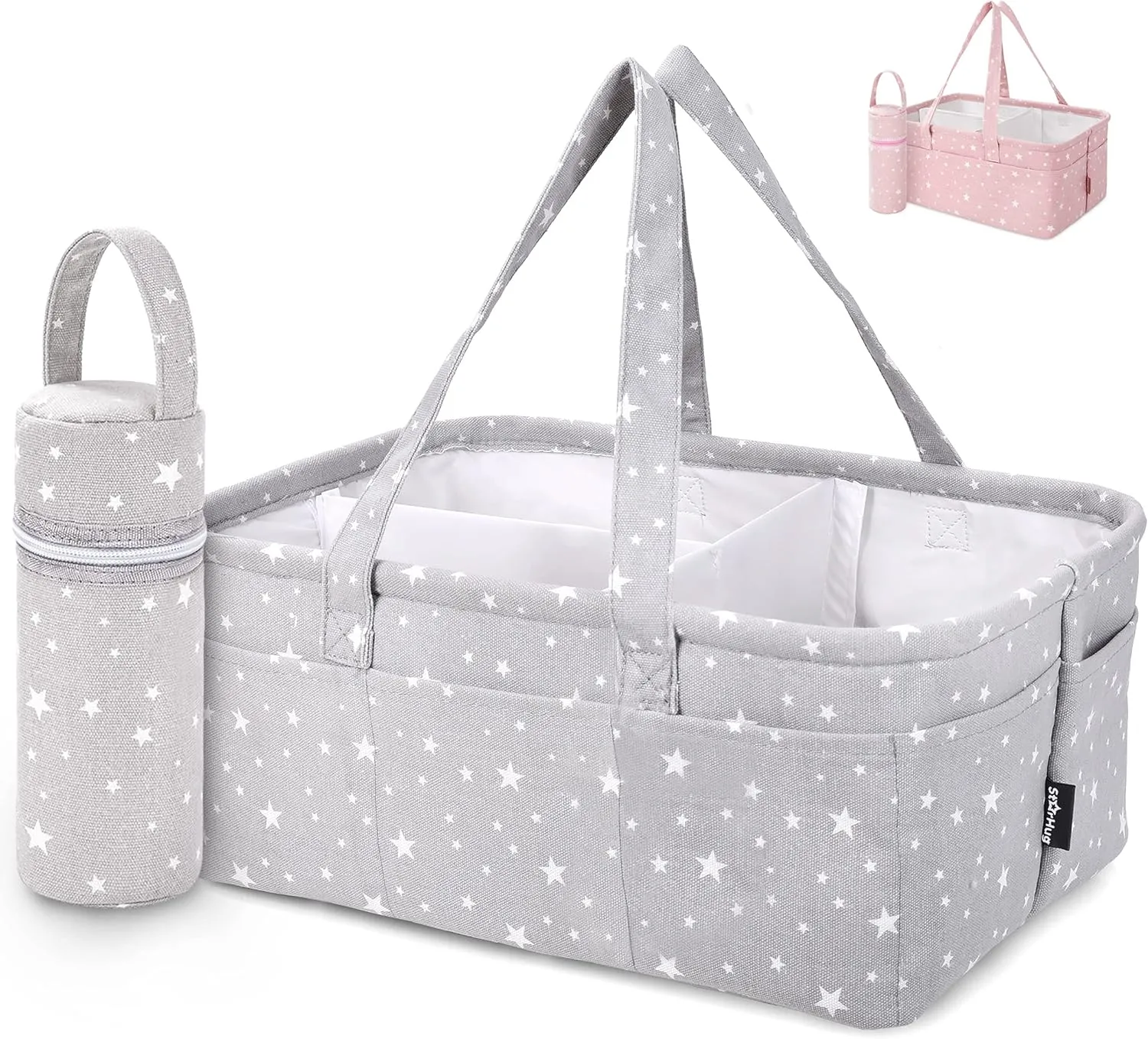 Baby Diaper Caddy Organizer - Baby Shower Basket | Large Nursery Storage Bin for Changing Table | Car Travel Tote Bag | Newborn Registry Must Have | Bonus Bottle Cooler | Gray