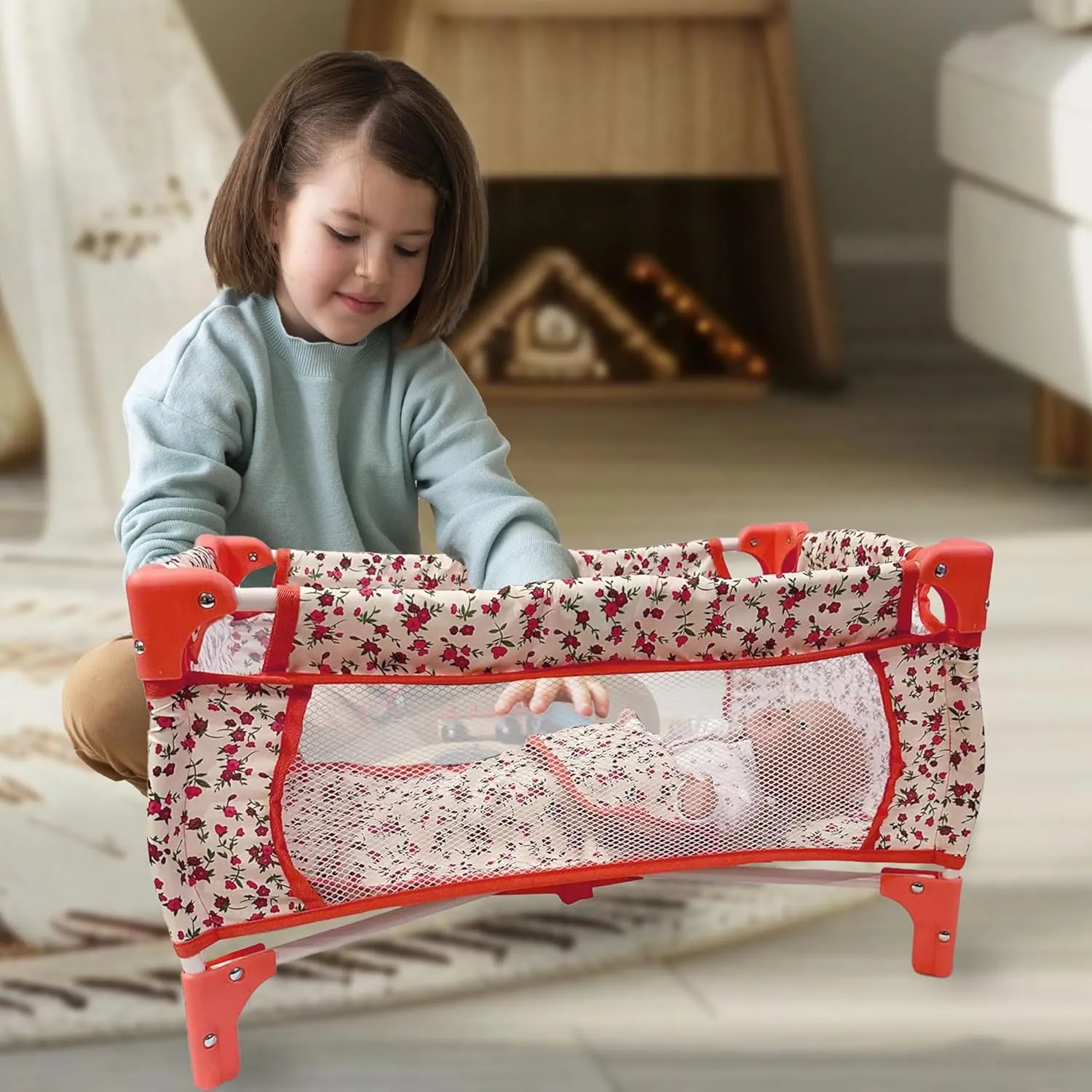 Baby Doll Crib Toddler Toy, Baby Doll Accessories, Baby Doll Bed Set for 3 Year Old Girls & 5  Year Old Girls, Girl Doll Stuff, Furniture for Dolls & Accessories, 18 inch Dolls Pack and Play (Floral)