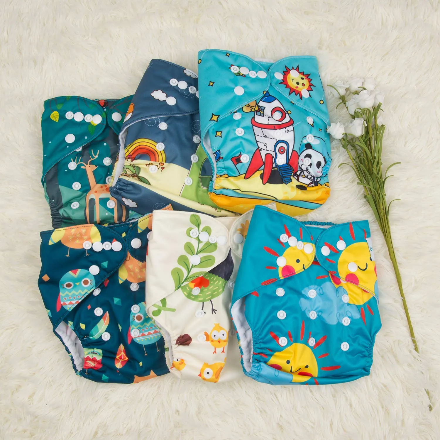 babygoal Reusable Cloth Diapers 6 Pack 6pcs Microfiber Inserts 4pcs Rayon from Bamboo Inserts, One Size Adjustable Washable Pocket Nappy Covers for Baby Boys,Rash-Free