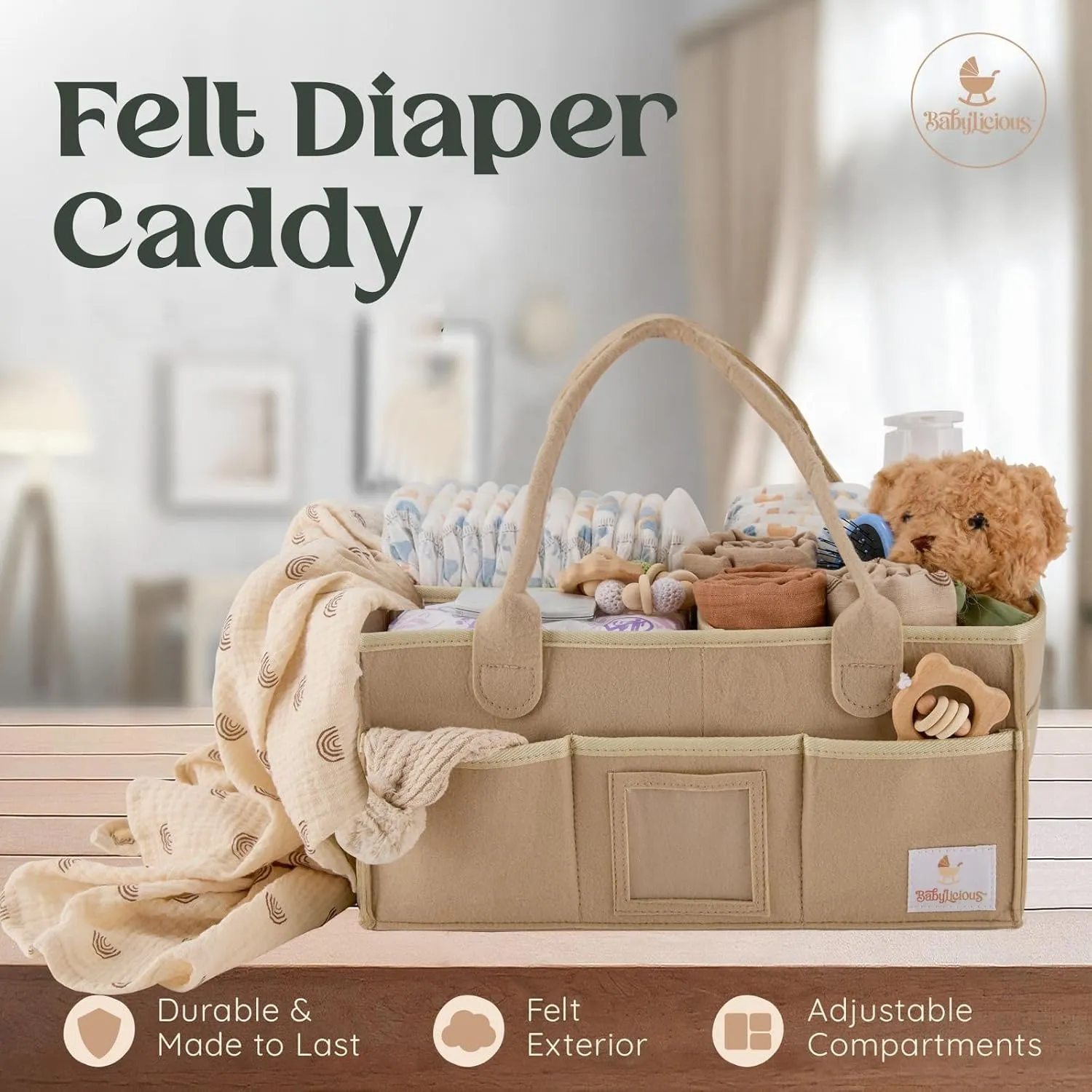 Babylicious Baby Diaper Caddy Organizer | Felt Changing Table Organizer - Large | Diaper Organizer for Changing Table | Name Card Included - Newborn Essentials Must Haves for Parents Tan