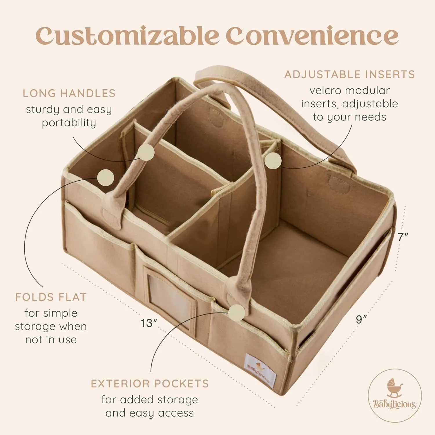 Babylicious Baby Diaper Caddy Organizer | Felt Changing Table Organizer - Large | Diaper Organizer for Changing Table | Name Card Included - Newborn Essentials Must Haves for Parents Tan