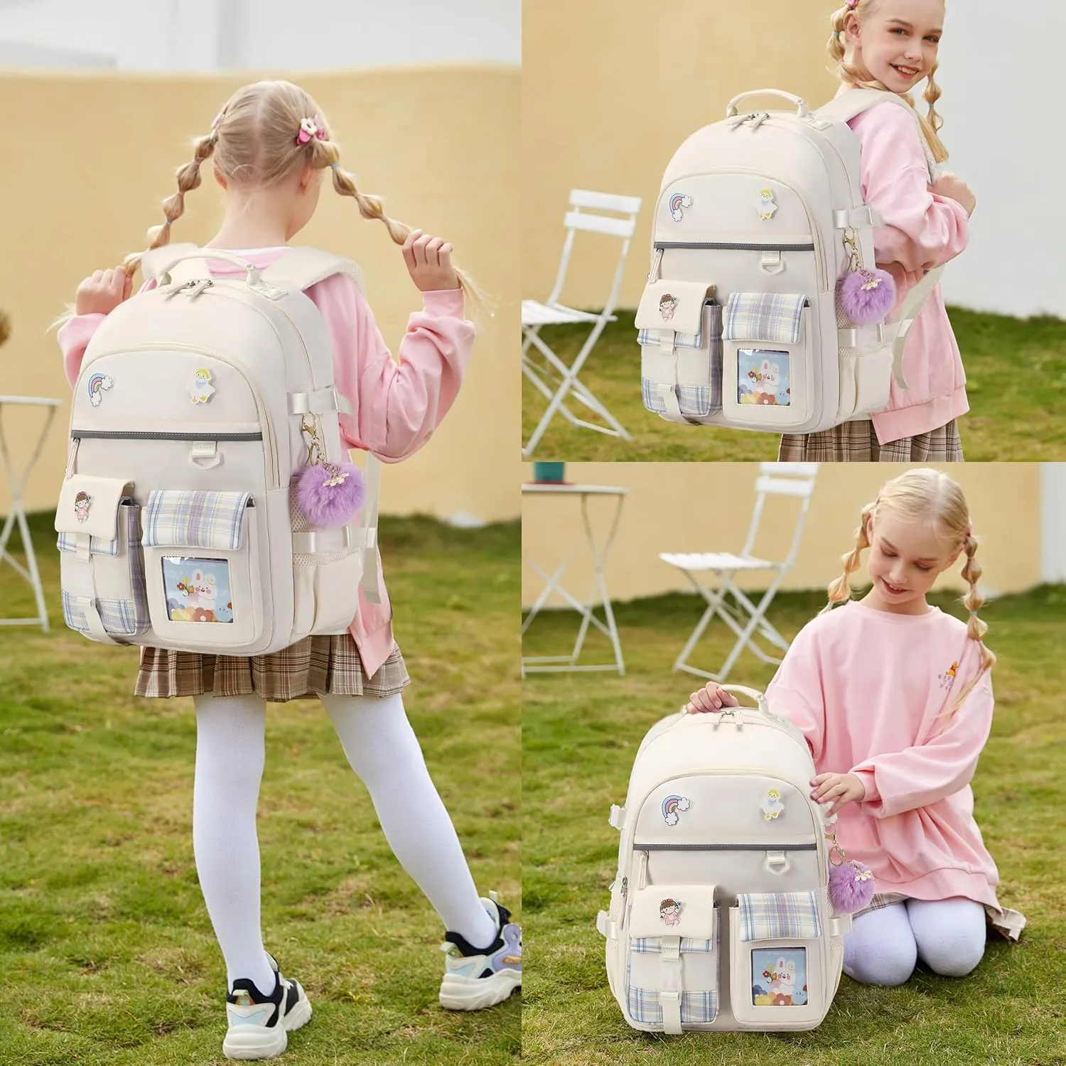 Backpack for Girls, 15.6 Inch Laptop School Bag Kids Kindergarten Elementary College Backpacks Large Bookbags for Teen Girl Women Students Casual Travel Daypacks (Beige)