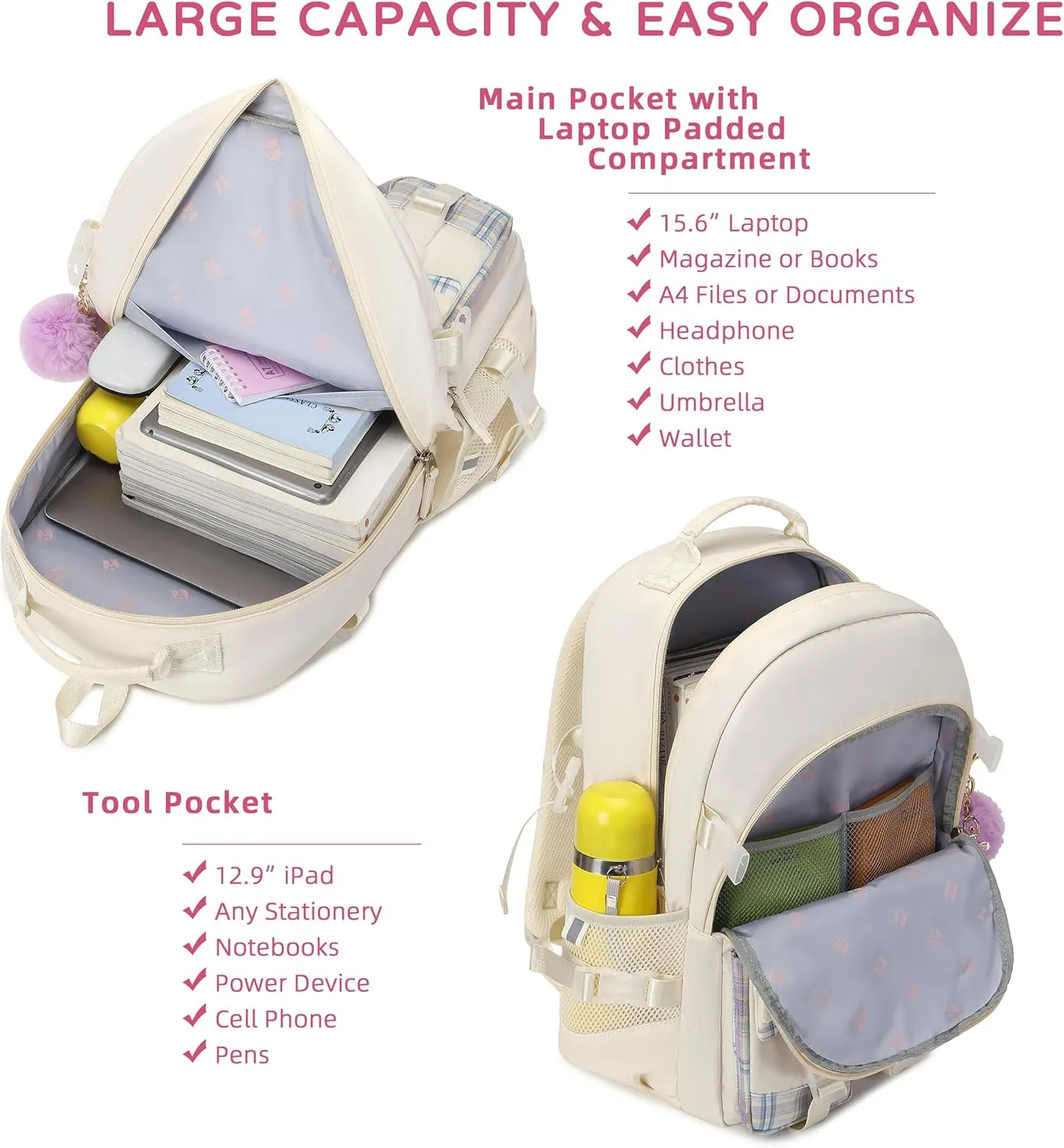 Backpack for Girls, 15.6 Inch Laptop School Bag Kids Kindergarten Elementary College Backpacks Large Bookbags for Teen Girl Women Students Casual Travel Daypacks (Beige)
