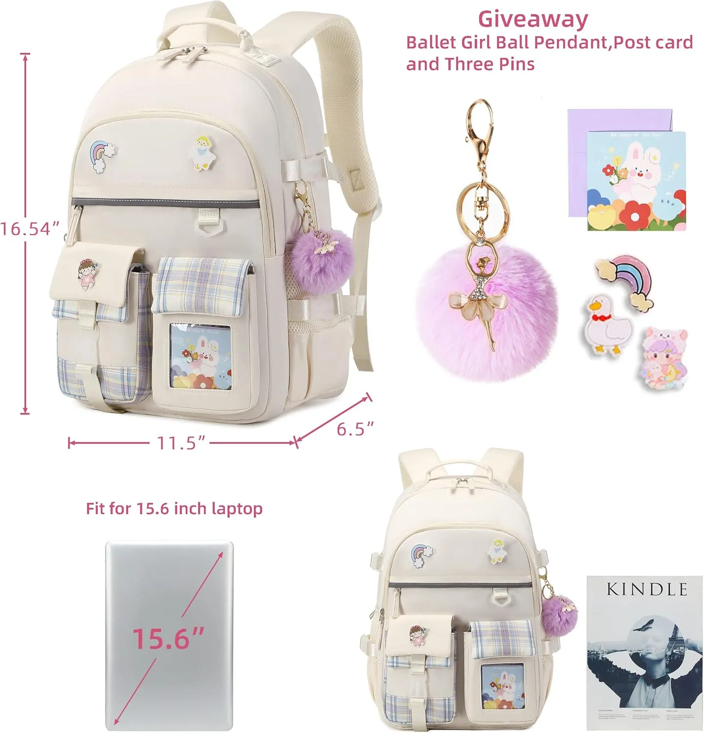 Backpack for Girls, 15.6 Inch Laptop School Bag Kids Kindergarten Elementary College Backpacks Large Bookbags for Teen Girl Women Students Casual Travel Daypacks (Beige)
